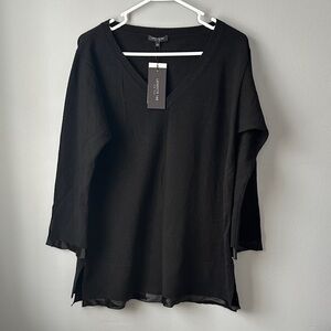 Lafayette‎ 148 NWT 100% cashmere silk trim Black V-Neck sweater women’s large
